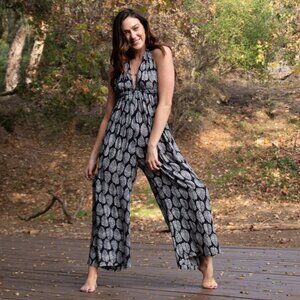 NWT Bali Prema Diana Black Leaf Wide Leg Jumpsuit Lightweight XS-L
